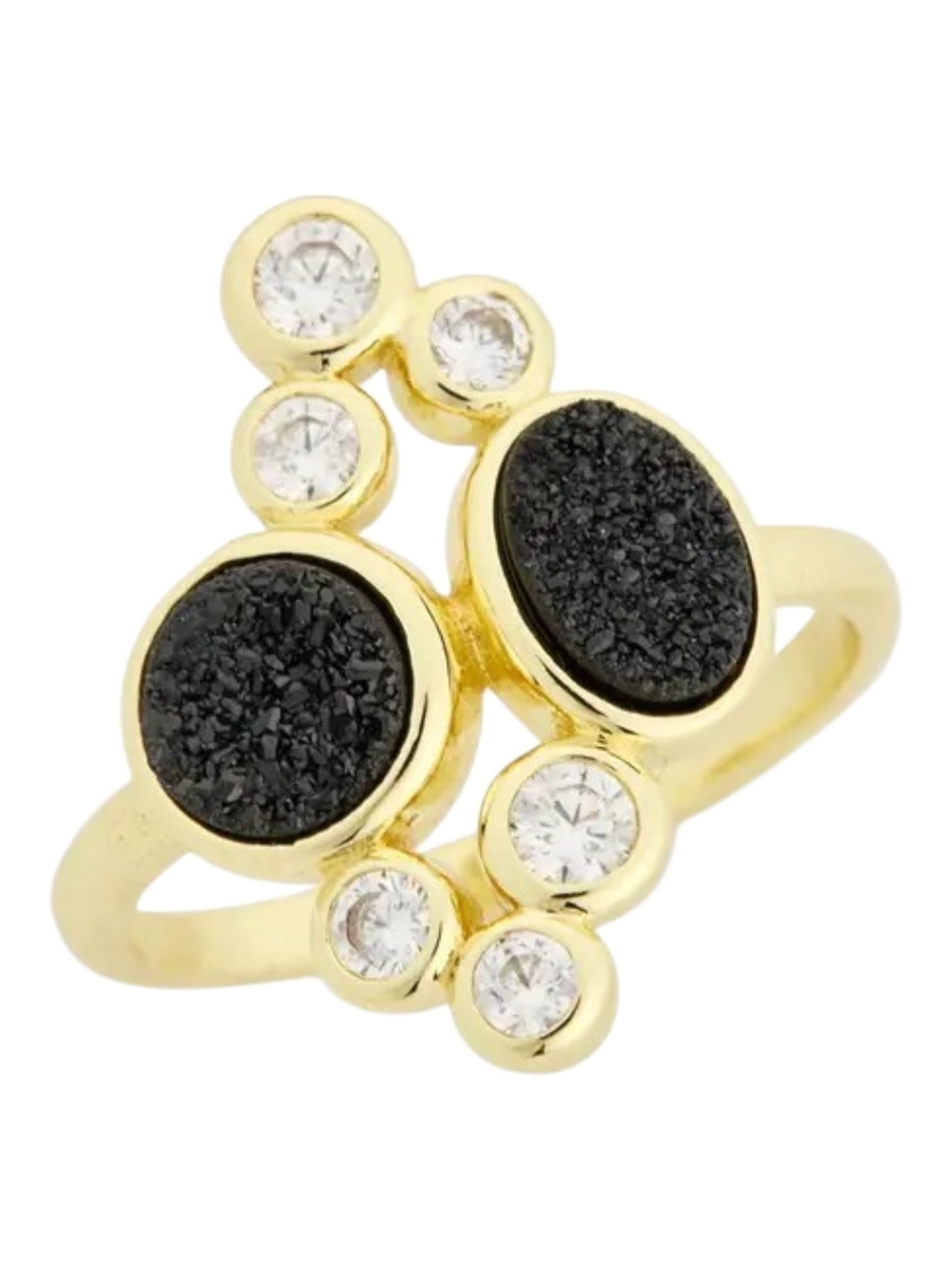 Covet Black Druzy Quartz Gold Cluster Statement Cocktail Ring Raw Mineral Size 7